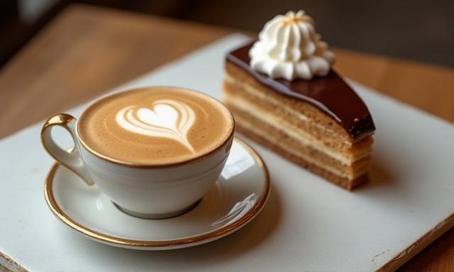 Ein kunstvoll zubereiteter Cappuccino neben einem Stück Sachertorte.