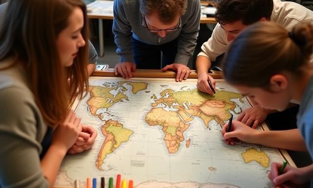 Teilnehmer eines Kartographie-Workshops beugen sich über eine große Karte.