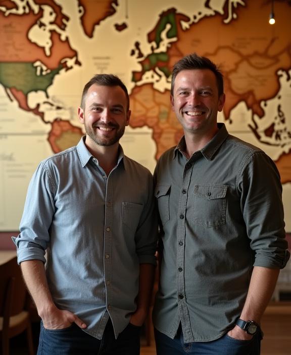 Die Gründer des Kartenwerk Cafés lächeln vor einer großen antiken Weltkarte.